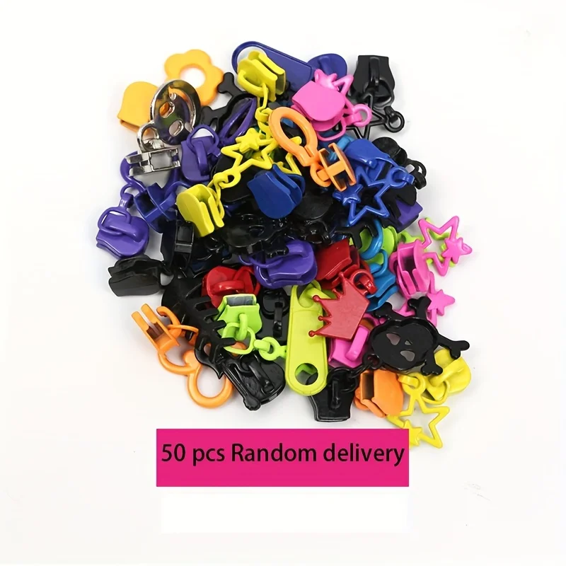 50PCS vibrant colored resin zippers - durable alloy non-locking sliders with cartoon-style charm for custom clothing accessories