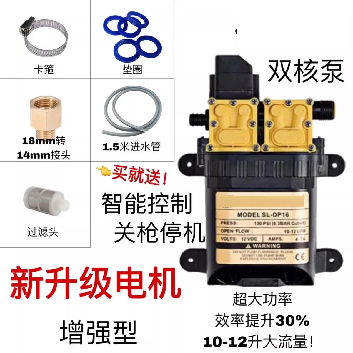 12V DC dual core power diaphragm water pump agricultural electric spray dual pump high-pressure car washing dosing pump
