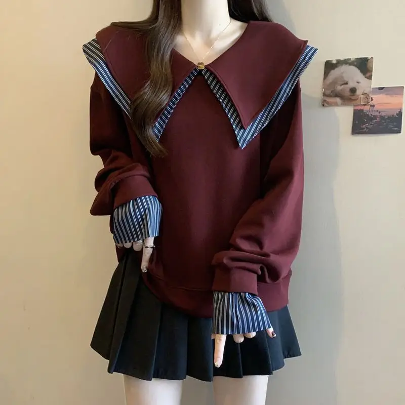 

Preppy Style Peter pan Collar Sweatshirts Women Fashion Korean Long Sleeve Pullover Tops Casual Spring Autumn Loose Outwear