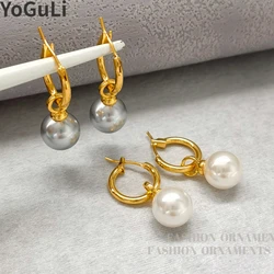 Trendy Jewelry Round Circle Buckle Gold Color With White Grey Glass Simulated Pearl Drop Earrings For Women Party Gift