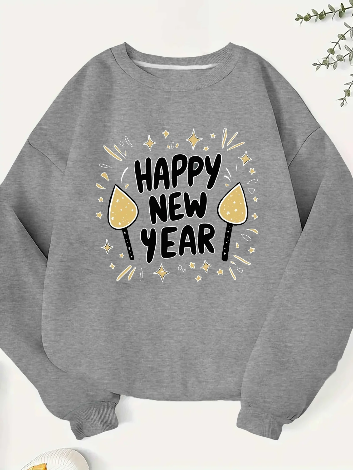 Happy New Year Celebration Women's Plus Size Casual Sweatshirt - Polyester, Knit, Round Neck, Geometric Pattern,machine Washable