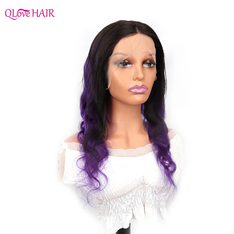 

Brazilian Body Wave T Part Lace Wigs For Women 13x1 Pre Plucked Natural Hairline Human Hair Wigs Ombre T1B-Purple Lace Wigs