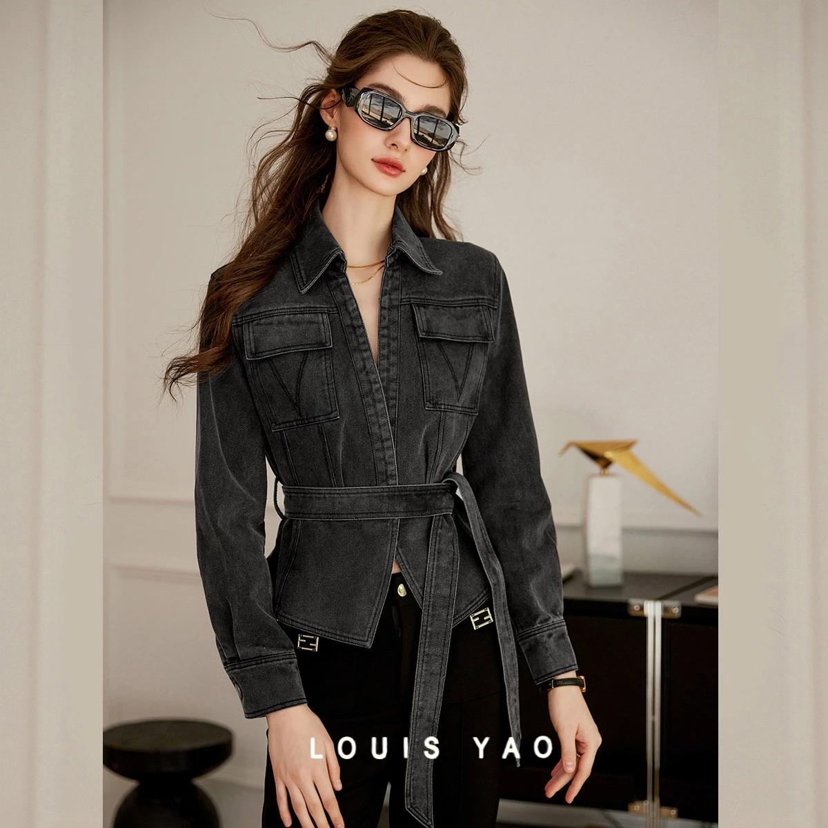 

Retro Washed Cowboy Jacket Denim Jacket Spring Craft Lapel with Detachable Belt Slim Fit Jacket Women's Top Female Clothing