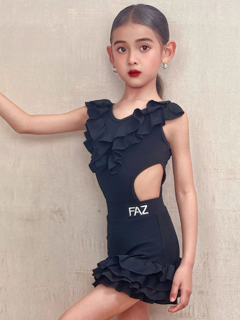 Dziecięce dziewczęce stroje do tańca latynoskiego bez rękawów, z falbankami, drążone fałdy, sukienka do tańca Samba Rumba praktyka konkursowy kostium taneczny