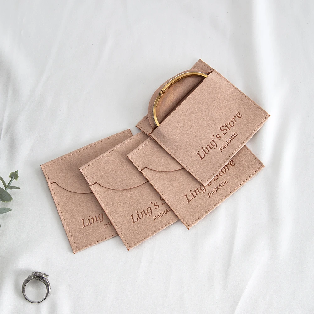 50Pcs Peach Custom Logo Microfiber Jewelry Bag Velvet Envelope Pouches with Smile Cover Bracelet Packaging Pocket Wedding Favors