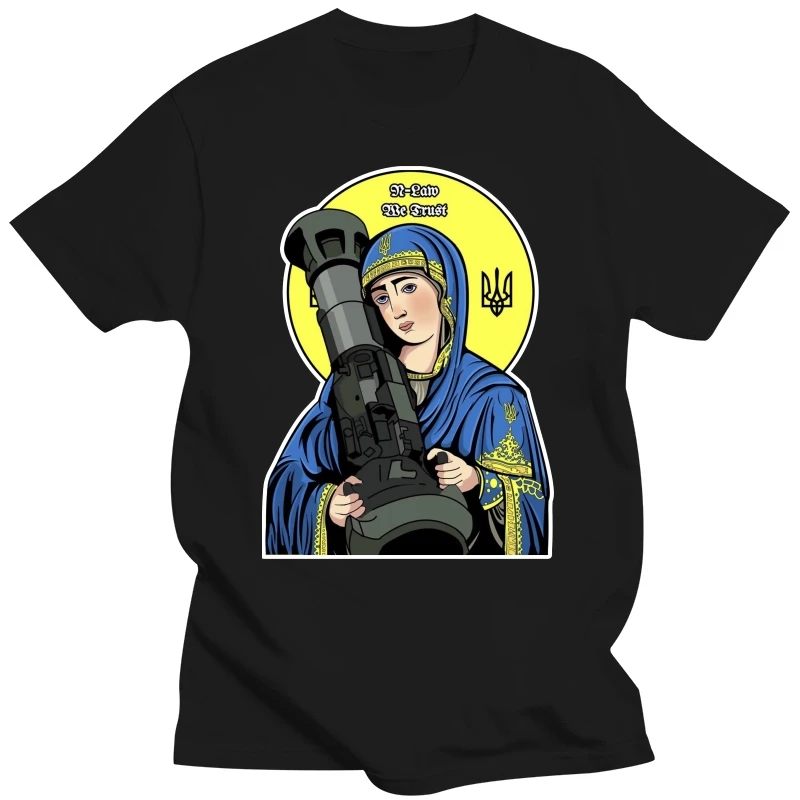 Saint Javelin Blessed Virgin Mary Ukraine Flag T-Shirt Short Sleeve Casual Cotton O-Neck Shirts Size S-3XL