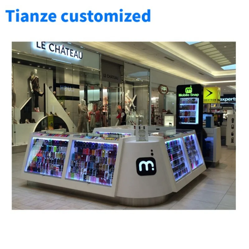 （customized）Modern Design Phone Accessories Showcase with LED Light Cellphone Accessories Kiosk Mobile Phone Repair Station