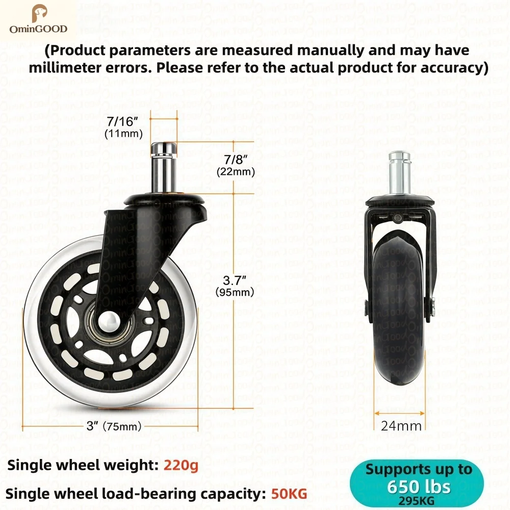 5PCS 3 Inch Silent Swivel Rubber Office Chair Casters Heavy Duty Replacement Wheels for Hardwood Floor Carpet Gaming Desk Chair
