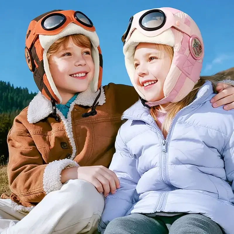 

Kids Winter Skiing Mountaineering Windproof Skiing Fleece Lining Cap Warm Hat Detachable Goggles Children Ear Protection