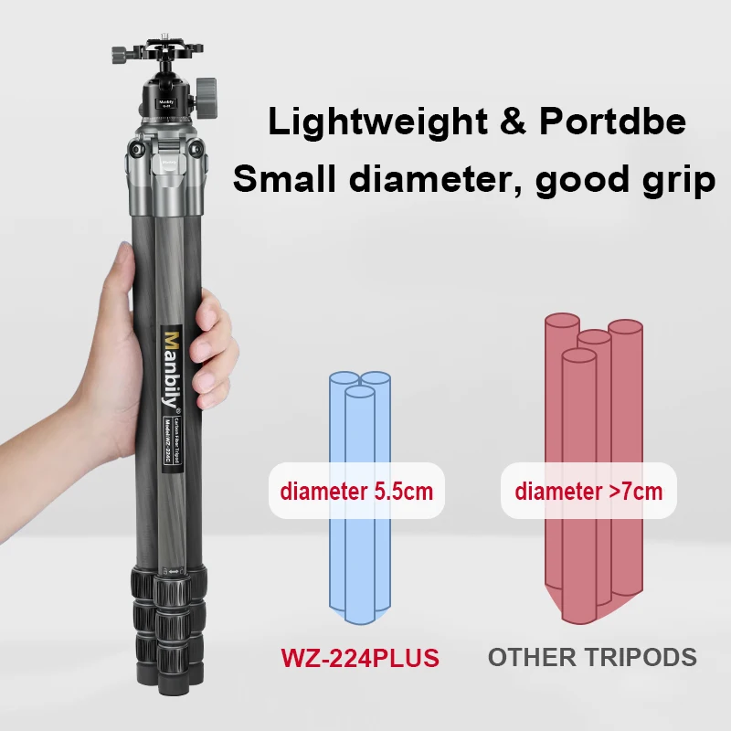 

Manbily WZ-224C Carbon Fiber Travel Tripod Q-28 Ball head Adapter with Quick Release Max.Load 10KG/22.04 lbs for DSLR Camera