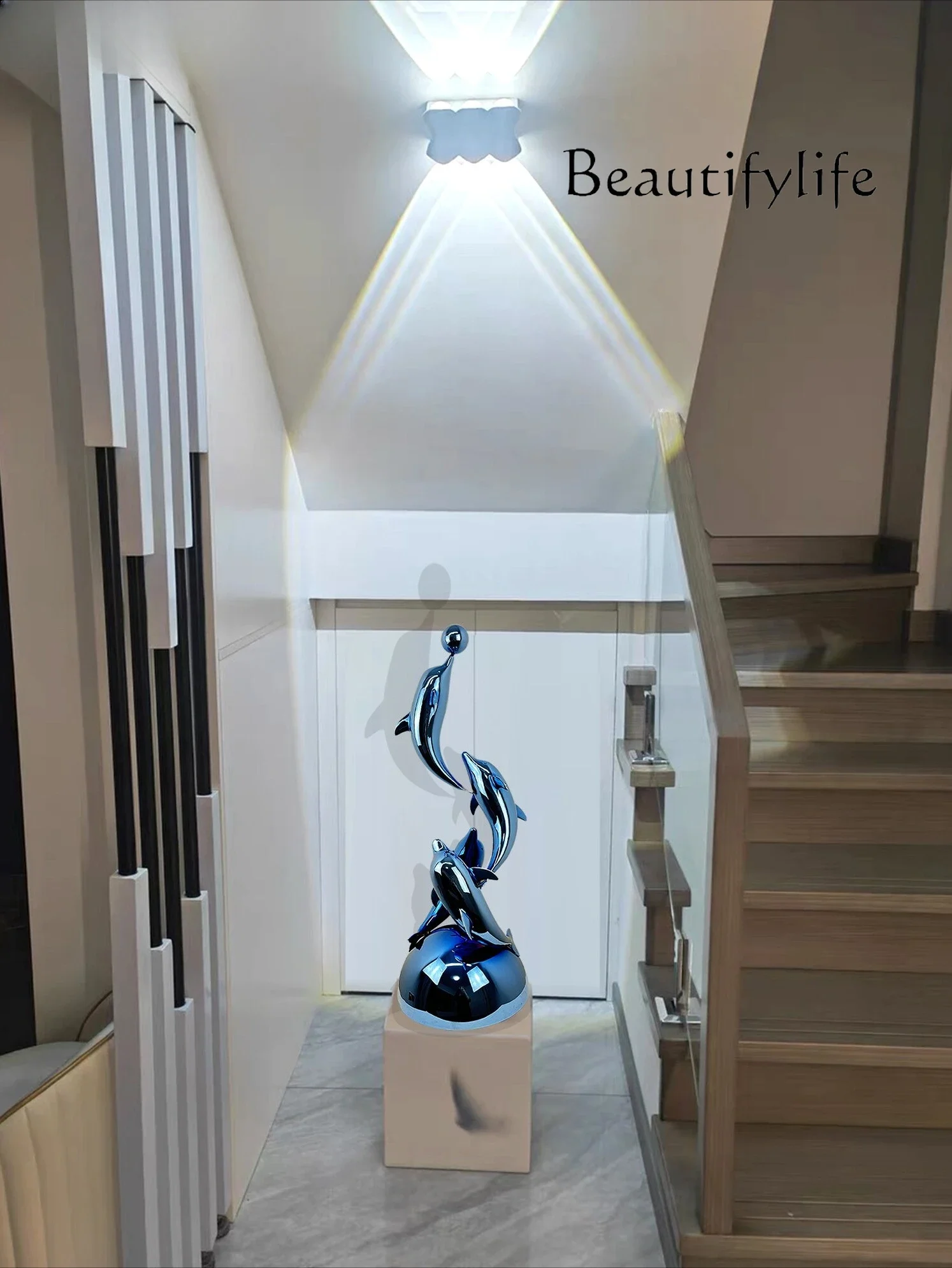 Modern Indoor Landscape Stainless Steel Dolphin Sculpture Hotel Stairs Living Room Entrance Floor Deer Ornament Crafts