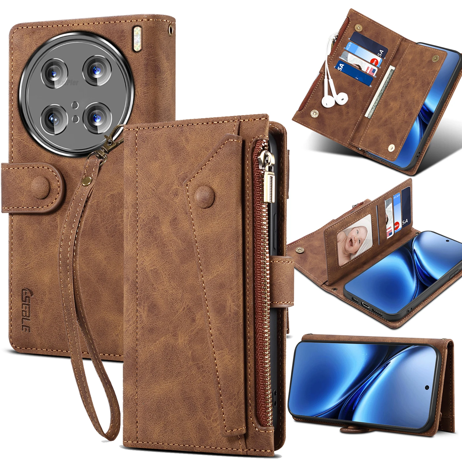 

New 9 Cards Zipper Flip Leather Case For VIVO X200 Ultra / X200s 5g Wallet Book Mobile Phone Case With Free Rope Capa