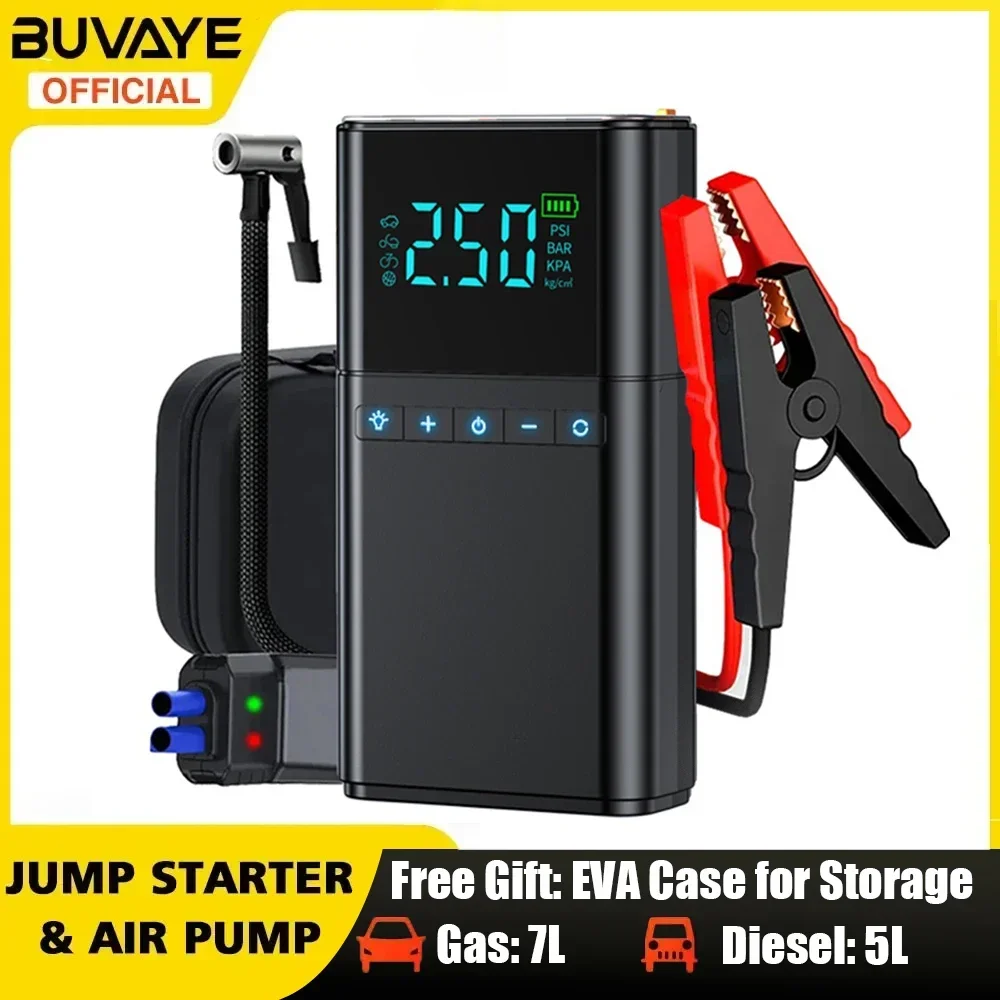 

BUVAYE Car Jump Starter Air Pump 4 in 1 Portable Air Compressor Battery Booster With Power Bank LED Light EVA Bag For 12V Cars