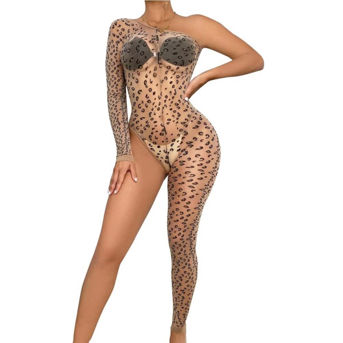 

Women's Bodycon Nightclub Dress faux leopard fur Fishnet Chemise with Sleeve Set, Babydoll Mini Dress, Mesh Sleepwear
