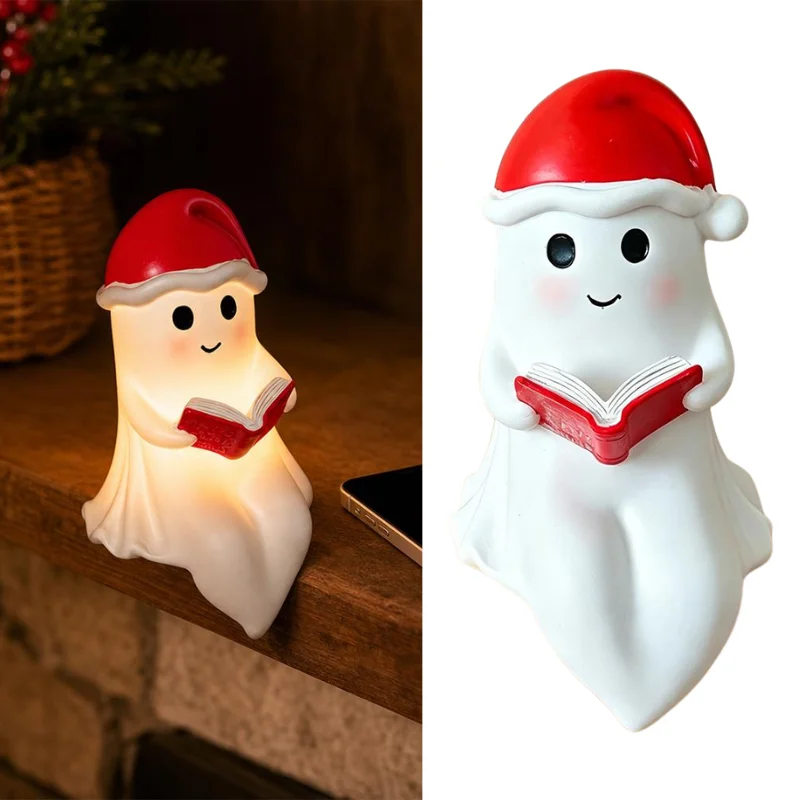 Santa Hat Ghost Reading Book LED Night Light Resin Craft Figurine Lamp Cute Ghost Statue For Christmas Indoor Table Home Decor