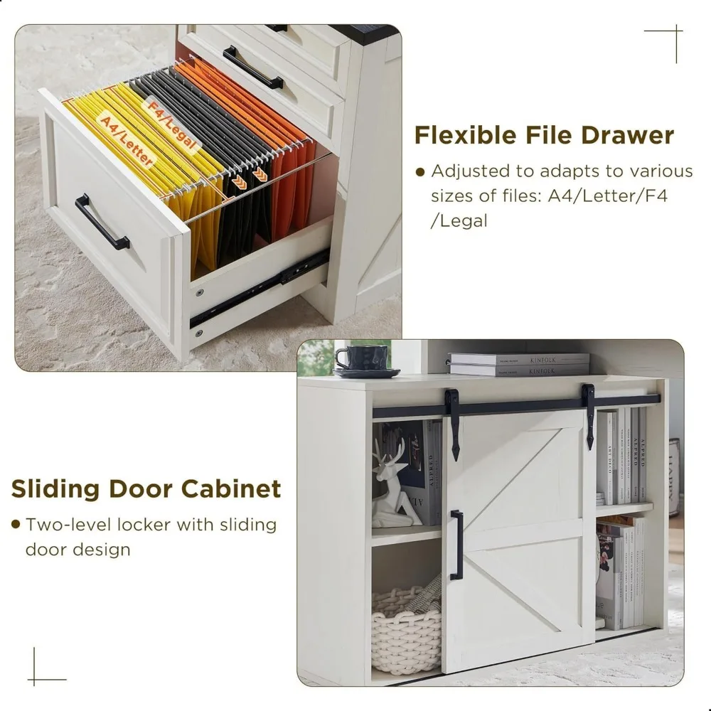 Biurko do domowego biura, nowoczesne biurko komputerowe w stylu farmhouse z szafką na dokumenty Letter T4 F4 Legal, biurko do nauki i pisania, 170 cm, odcień bieli