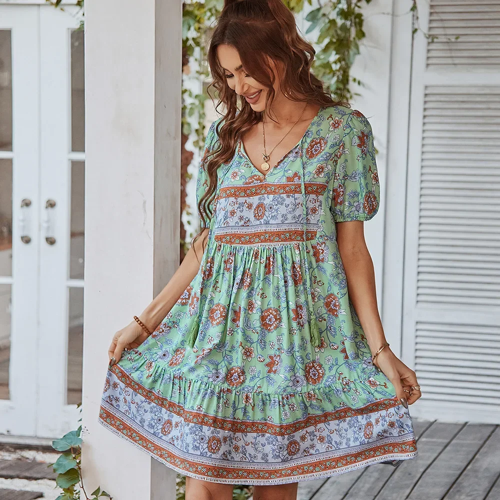 Elegant Summer V-neck Holiday Beach Dresses Spring V-neck Printed Dress for Women Short Sleeve Boho Mini Dress Party Vestidos