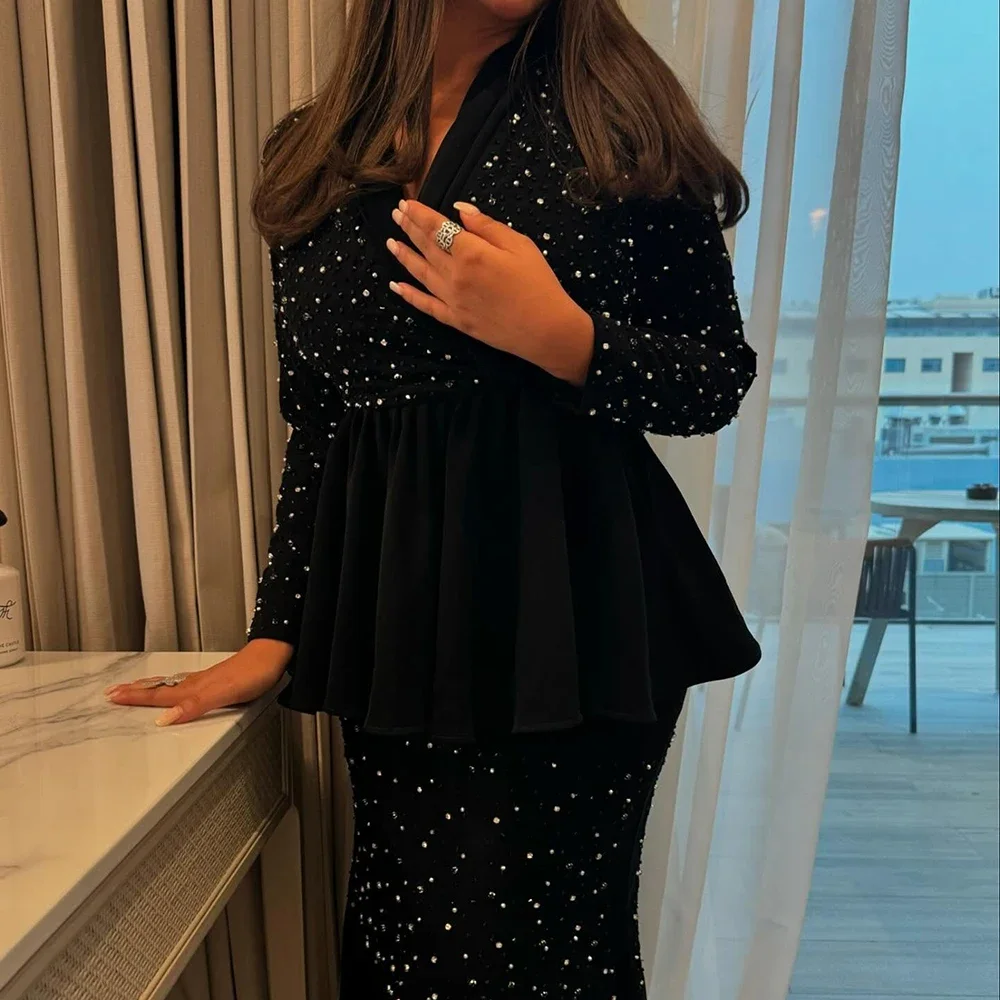 Abiti da sera a trapezio personalizzati Abito da ballo a maniche lunghe con scollo a V alla caviglia Abito da festa casual drappeggiato in cristallo di moda semplice
