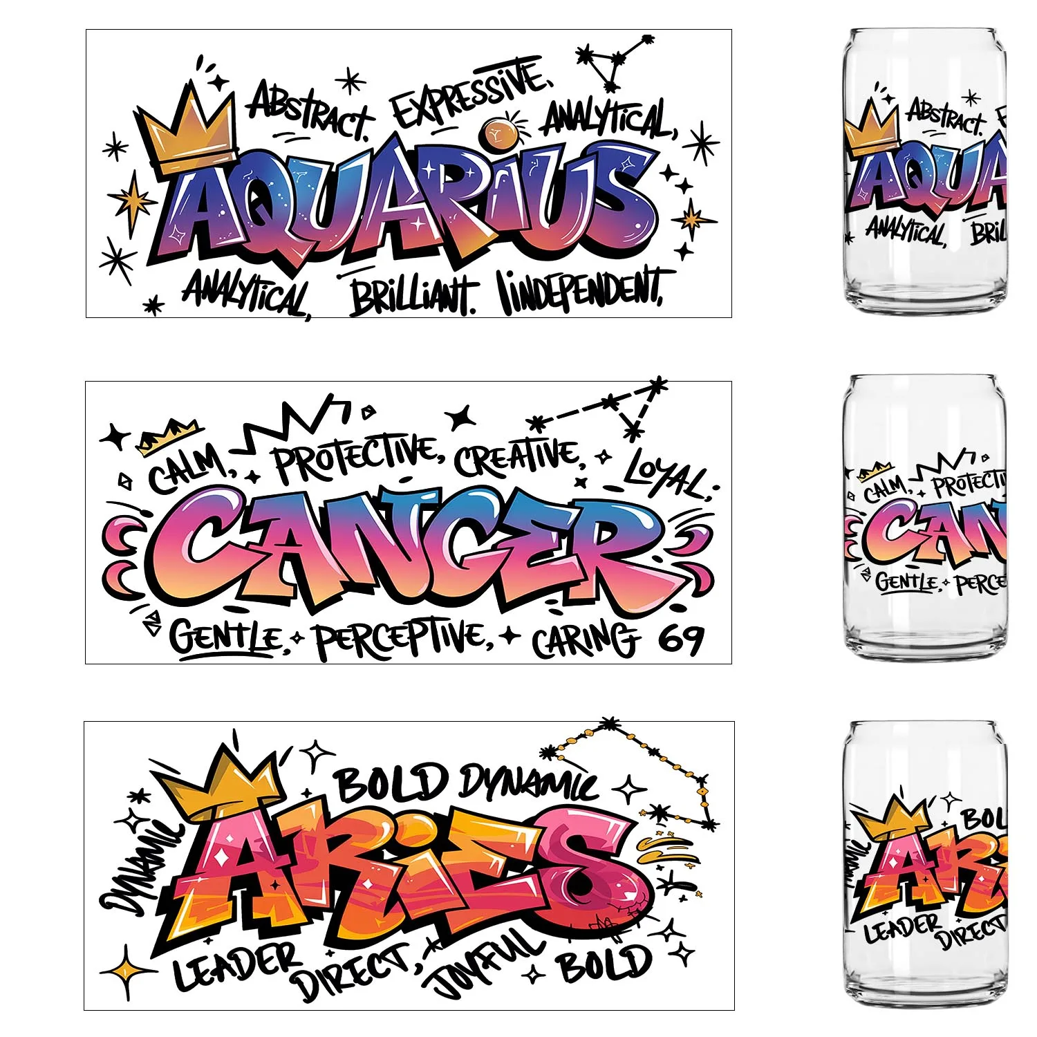 Graffiti style Zodiac Sign Theme Artwork UV Sticker DIY decoration Seal Decals 3D transfers uvdtf stickers 16oz uv dtf cup wraps