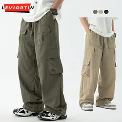 Hip Hop Splicing Outdoor Multi-Pocket Cargo Pants Men Solid Color Pleated Loose Straight-leg Pants Elastic Waist Casual Trousers
