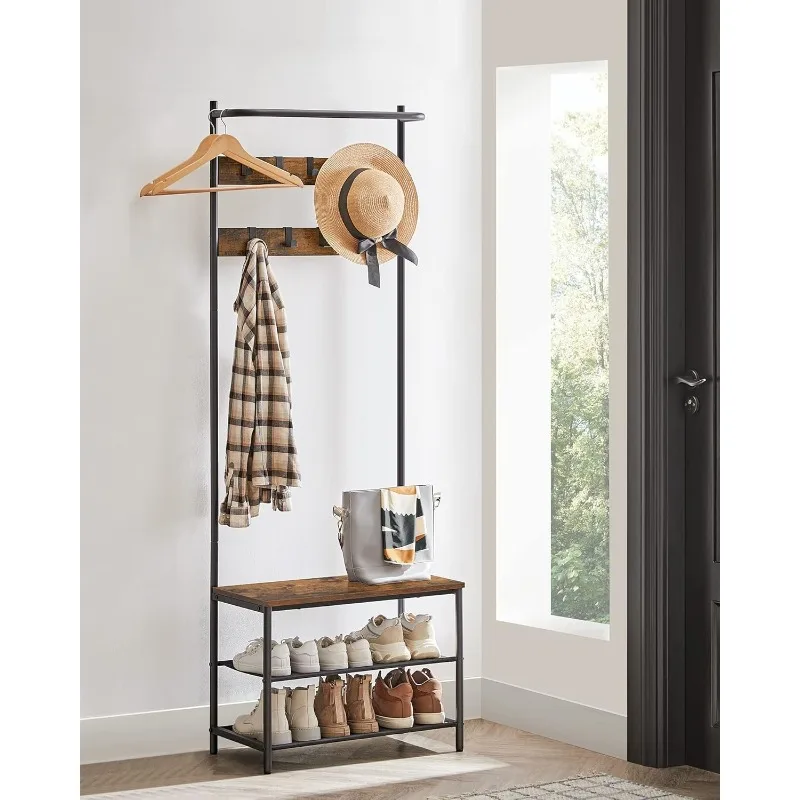 Hall Tree with Bench and Shoe Storage, Entryway Bench with Coat Rack Stand and Shoe Rack, 9 Movable Hooks, Top Bar