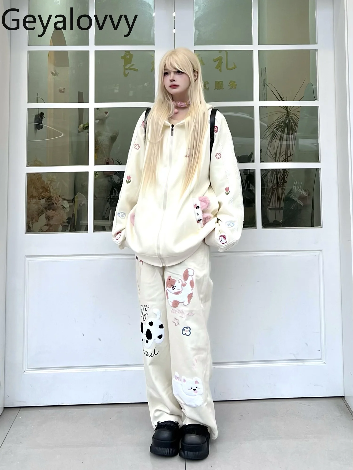 Vintage dos desenhos animados bordado cintura alta jeans retos para mulheres doce bonito primavera solto emagrecimento versátil casual calças de perna larga