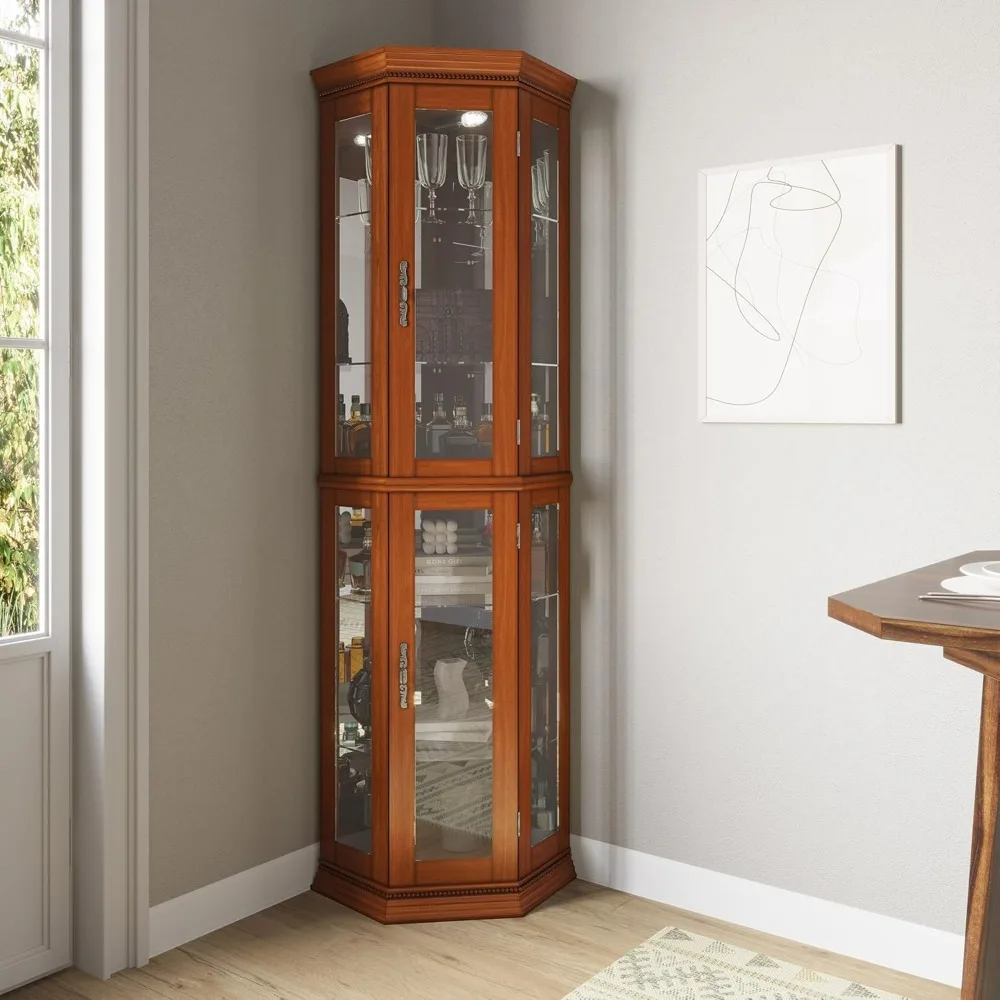 Lighted 3-Side Glass Display Curio Cabinet W/Tempered Glass Doors and Shelves, Accent Wooden Corner Cabinet with Bulb