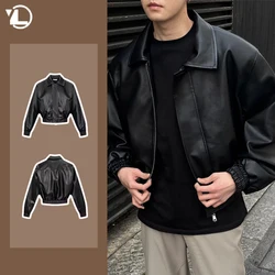 Korean Fashion PU Leather Jacket Mens Trendy Casual Black Zipper Jacket Loose Lapel Shoulder Pads Motorcycle Uniform Windbreaker