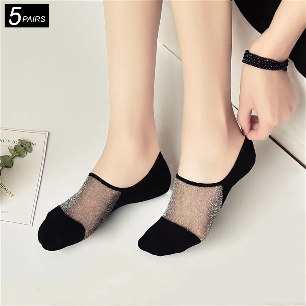 5 Pairs Shiny Ultra Thin Transparent Crystal Silk Socks Spring Summer COTTON Sole Anti Slip Invisible Boat Socks Low Cut