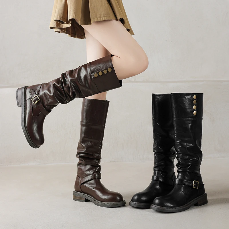 Flanged PU Metal Button Instep Belt Buckle Slip-On Punk Style Knight Boots Anti Slip Sole Breathable Commuting Office Knee Boots image 5