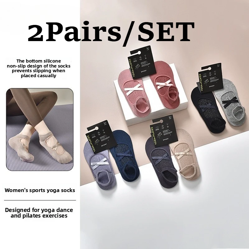 2 Pairs Breathable Cotton Sweat-absorbent Yoga Socks Silicone Anti-slip Floor Socks Women Pilates Fitness Ballet Sports Sock Set