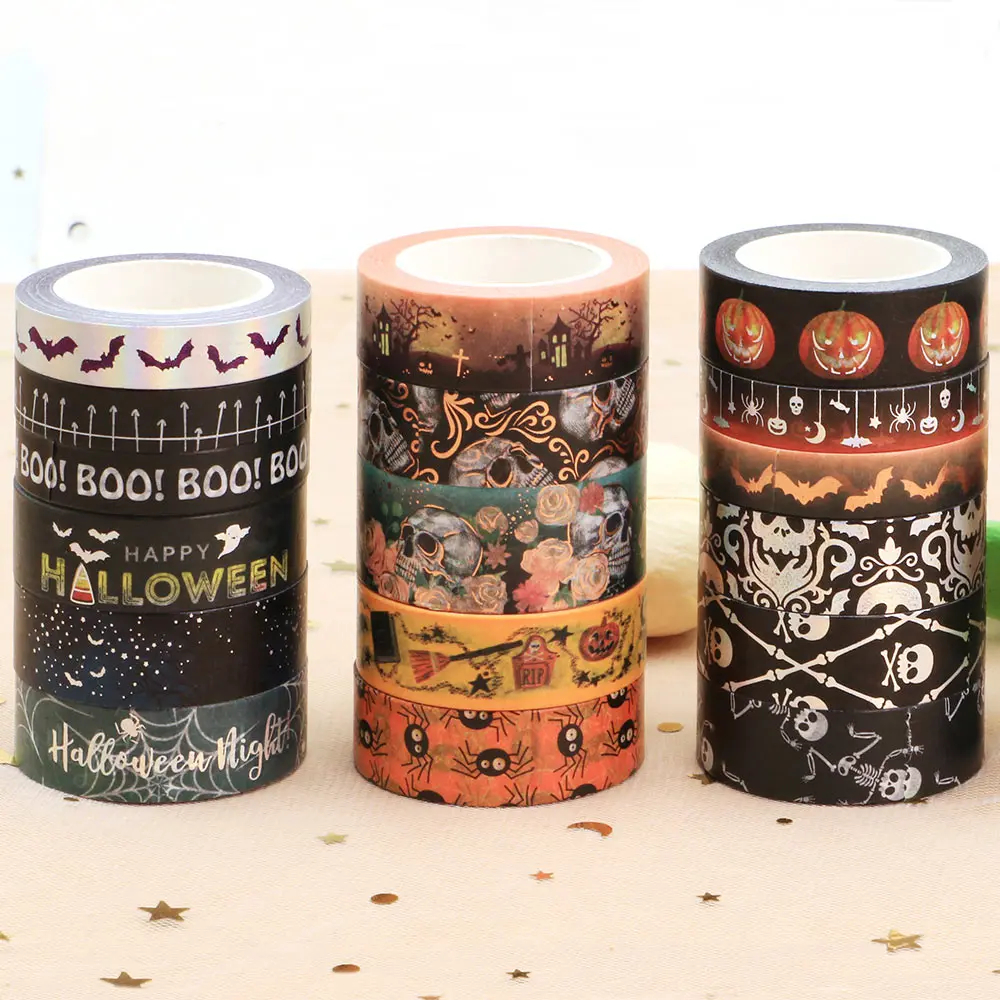 NEW 15mm*10M Skull Halloween Washy Tape Pumpkin Ghost Vampire Graves Designs Adhesive Scrap Booking Tape