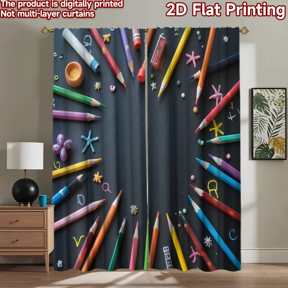 2D flat 2pcs Curtain Vintage drapes and curtains Color Pencils and Doodles Digitally printed polyester, colorfast Festive Wall