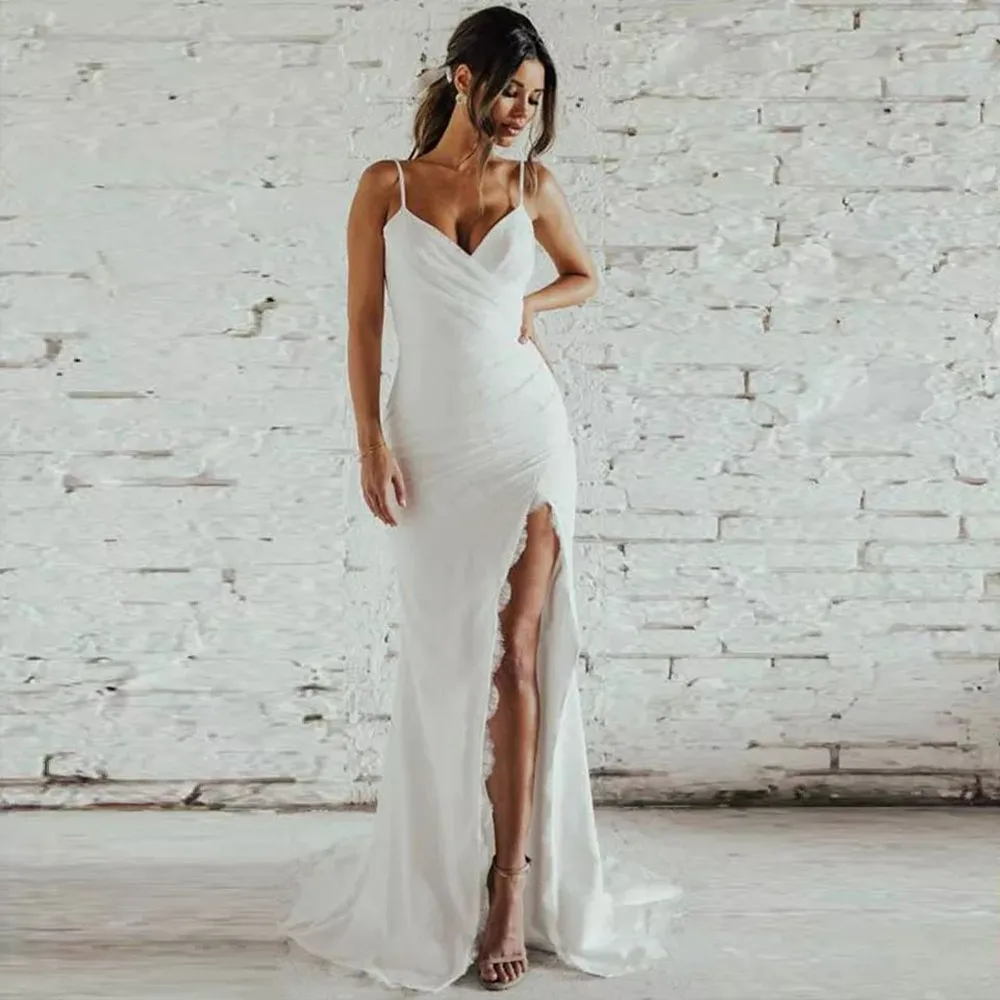 Gaun pernikahan tali Spaghetti seksi dengan gaun pengantin Backless belahan sisi tinggi kereta dengan renda applique ritsleting Vestidos De Novia