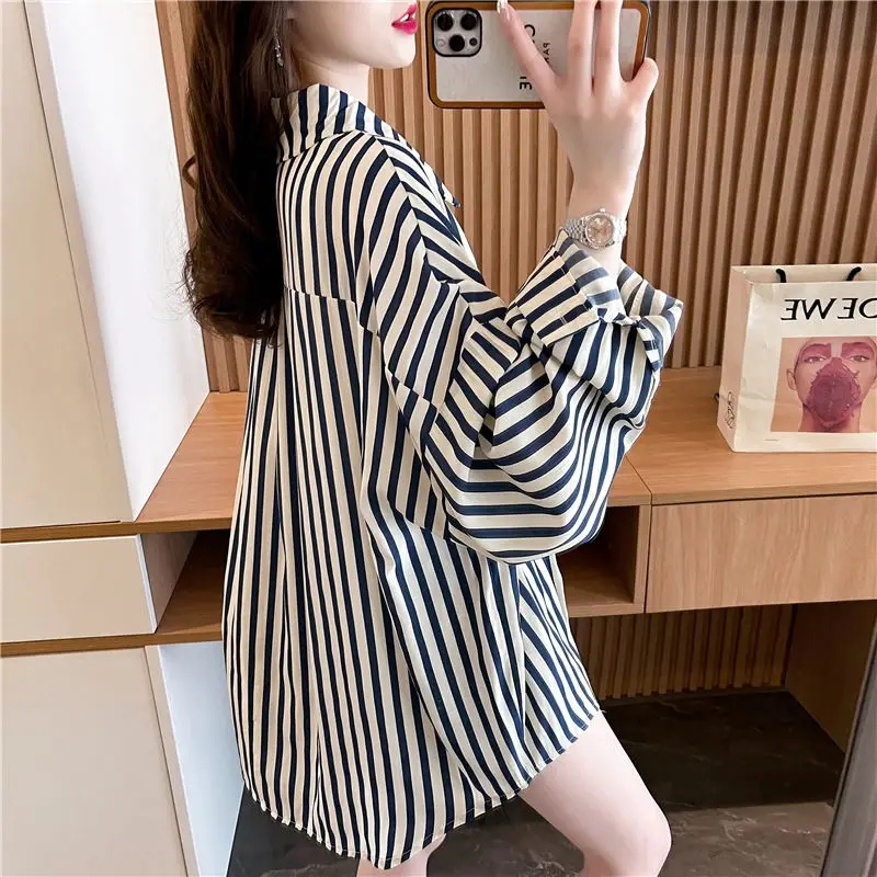 Loose Casual Striped Women\'s 2024 New Spring Autumn Spliced Polo Collar Button Pocket Fashion Loose Long Sleeved Blouses Shirts