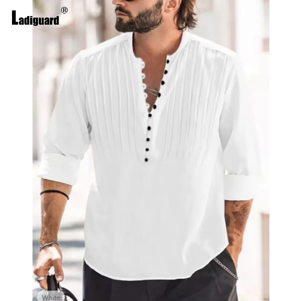 

Solid White Black Casual Linen Blouse Men Long-sleeved Pleated Shirts Plus Size Mens Camisa Shirt blusas Hommes Clothing 2024