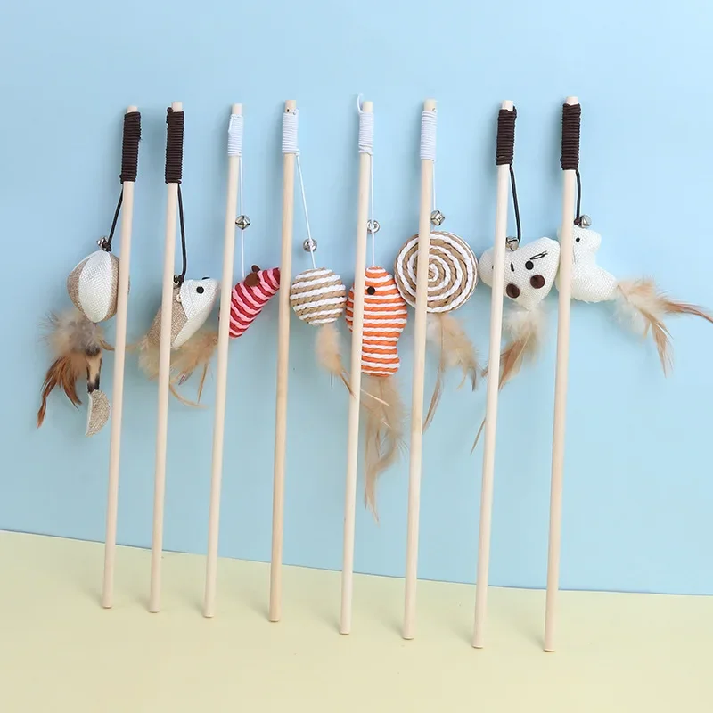 C New Mouse Wooden Teasing Cat Rod Cat Toy Pet Supplies Feather Bell Wooden Rod Teasing Cat Stick
