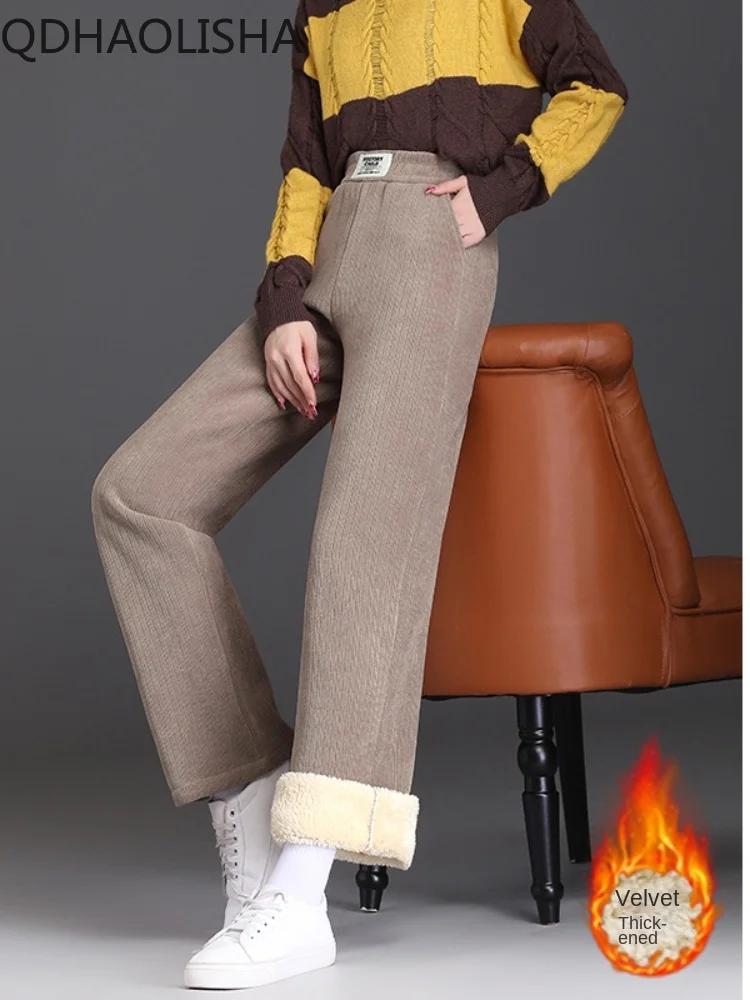 Women Plush Pants Autumer Winter In New Wide Leg High Waisted Straight Pants Casual Trousers Fleece Slim Soft Warm Korean Style