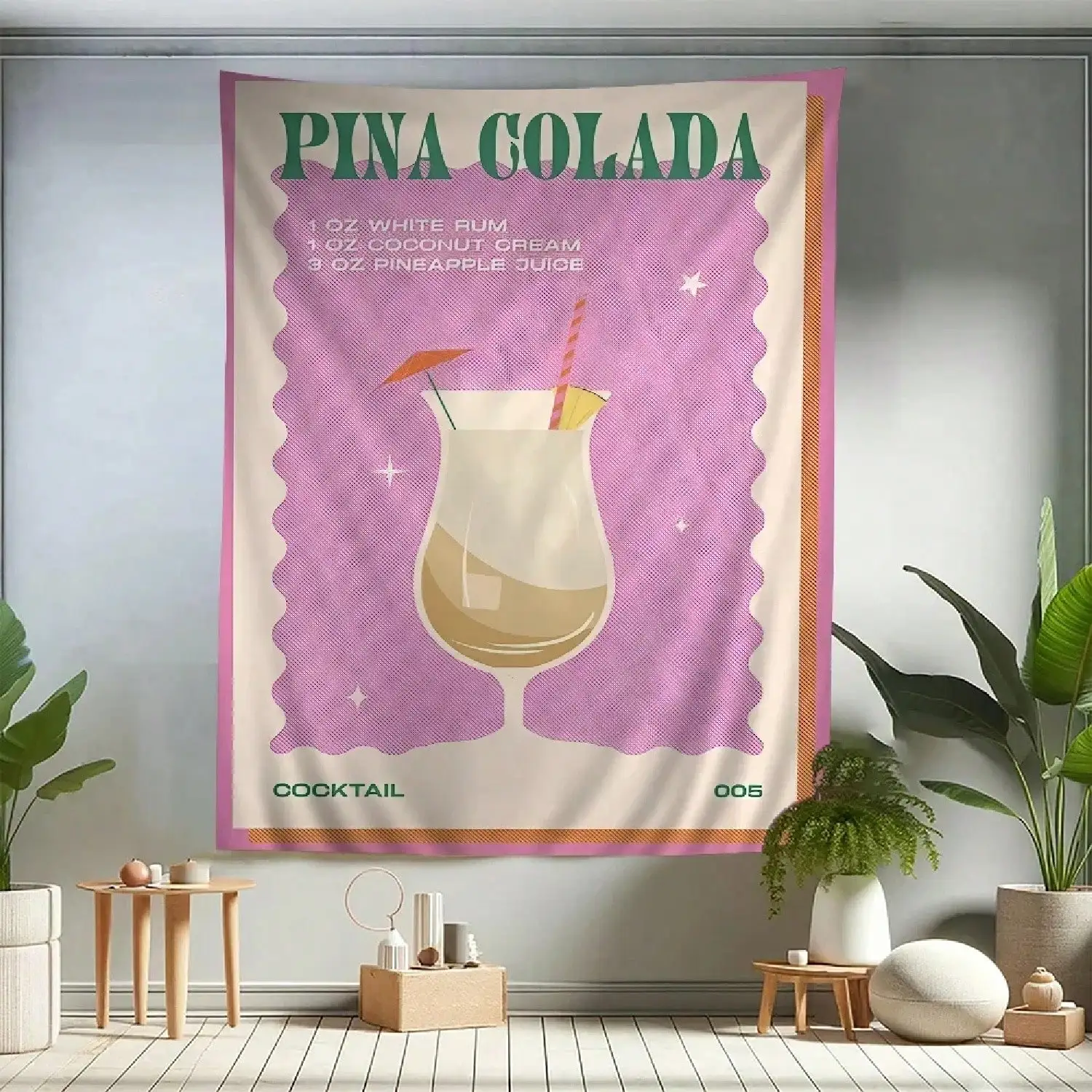 Tapiz de pared con diseño de cóctel Piña Colada, impresión artística con receta de bebida tropical, decoración de bar vintage, varios tamaños, decoración para el hogar
