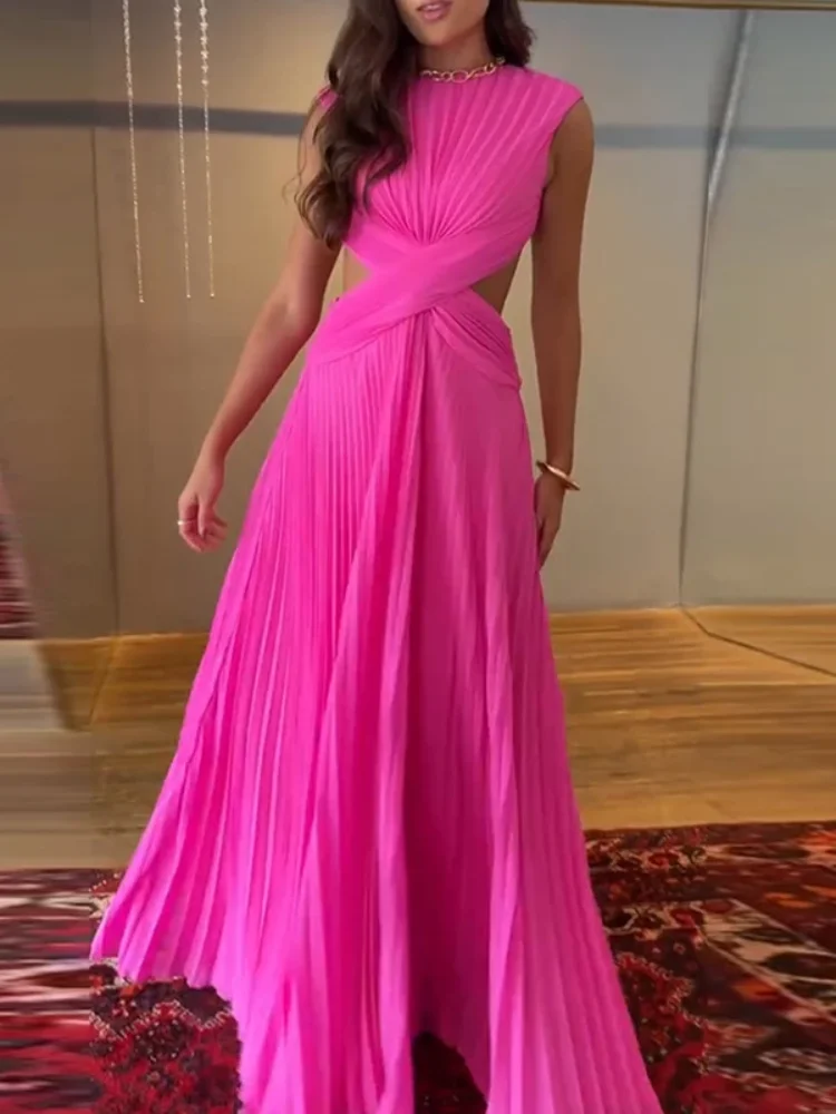

Sexy Hollow Out Long Party Dress Women Pleated Sleeveless Backless A-line Beach Dresses 2026 Summer Lady Chic Solid Holiday Robe
