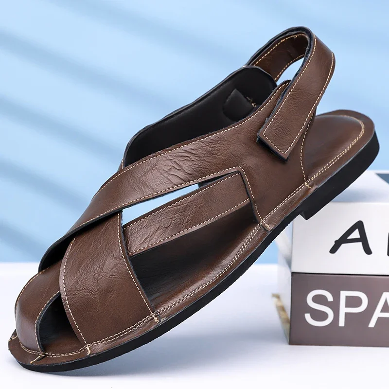 

HKDQ 2025 Men's Leather Sandals Large Size 38-48 Breathable Casual Retro Roman Sandals Men Summer Outdoor Comfy Beach Shoes Man