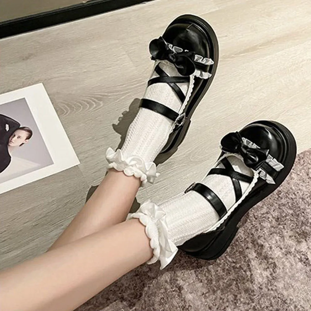 

Uniform Shoes Round Toe Lolita Strap Bow Pu Vintage Women Girl Black 36 Flat Comfort Matching Outfits