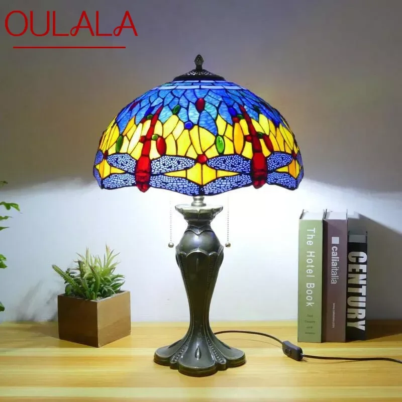 

oulala Tiffany Table Lamp American Retro Living Room Bedroom Lamp Luxurious Villa Hotel Stained Glass Desk Lamp