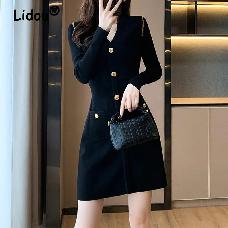 Spring Fashion Elegant Chic Chain Button Black Party Knitted Dresses Women V Neck Long Sleeve Slim Basic Mini Dress Clothes 2023