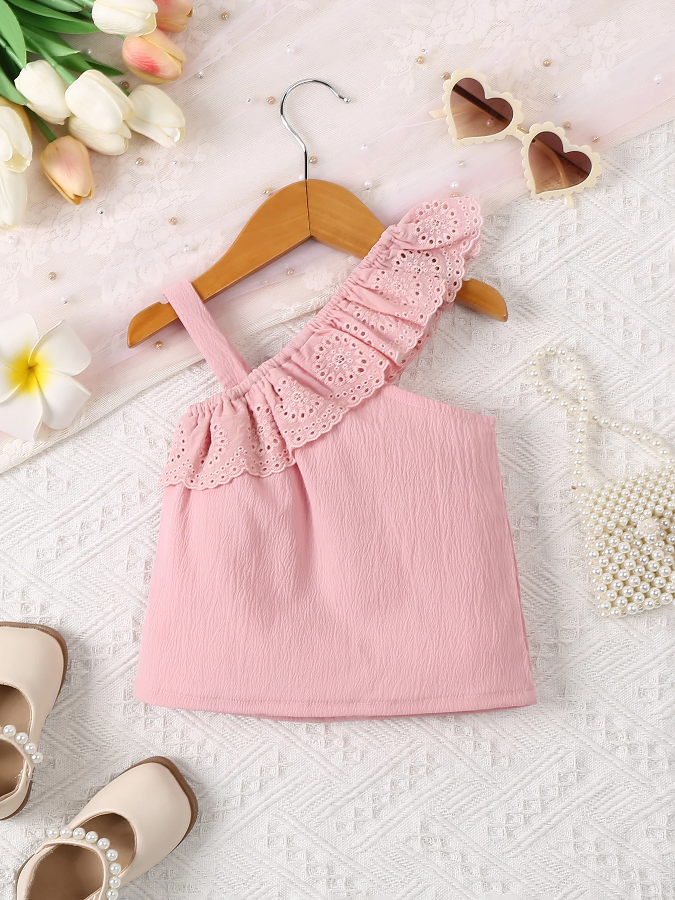 Baby Girl's Pink Lace Ruffle Collar T-Shirt with Cute Suspender Single Room Casual Summer Fashion Top for Girls