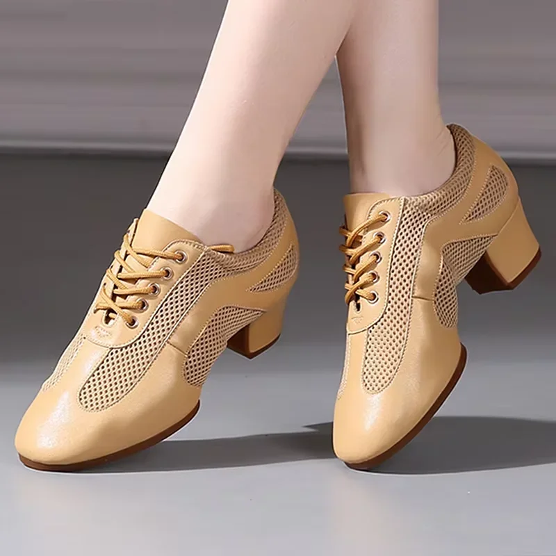 Zapatos de práctica de baile latino de suela suave, zapatos de baile de salón para mujer, punta cerrada, tacones gruesos de 5cm, zapatillas de baile de Tango Jazz para mujer