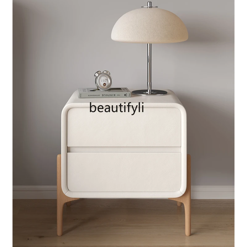 Mesita de noche de madera maciza estilo té de leche, muebles de dormitorio, diseño de arte italiano, mesita de noche de cuero PU, Simple y moderno