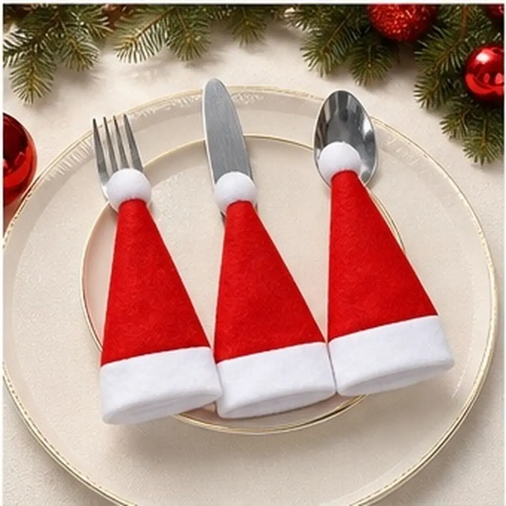 36Pcs Mini Fork Cutter Covers Santa Hat Style Christmas Cutlery Covers Tableware Decor Xmas Party Supply Dinning Table Ornament
