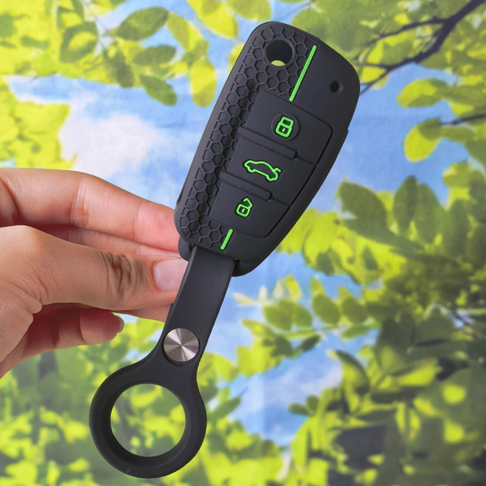 Ergonomic Red Stripe Honeycomb Key Cover With Keychain For Audi A1 A3 8P A4 B7 A6 C6 4F 8V 3 Button Flip Remote Holder view 3