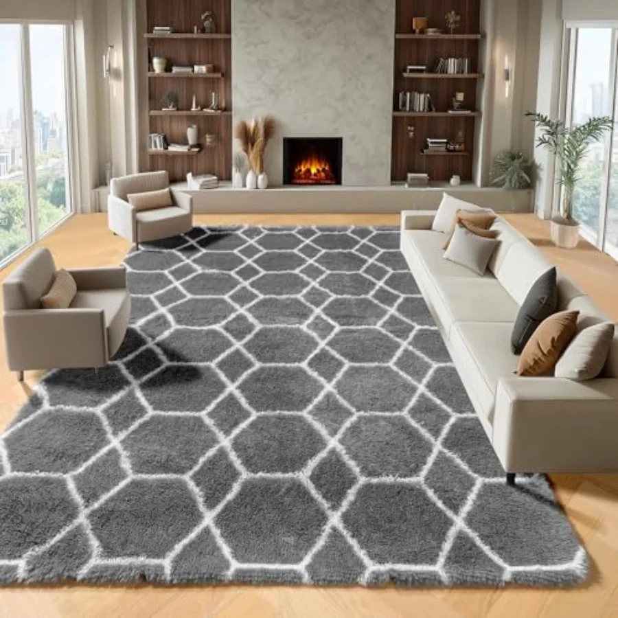 

8x10 Area Rugs for Living Room, Fluffy Grey and White Bedroom Rug, Geometric Boho Large Soft Plush Shaggy Fuzzy Floor Carpet fo